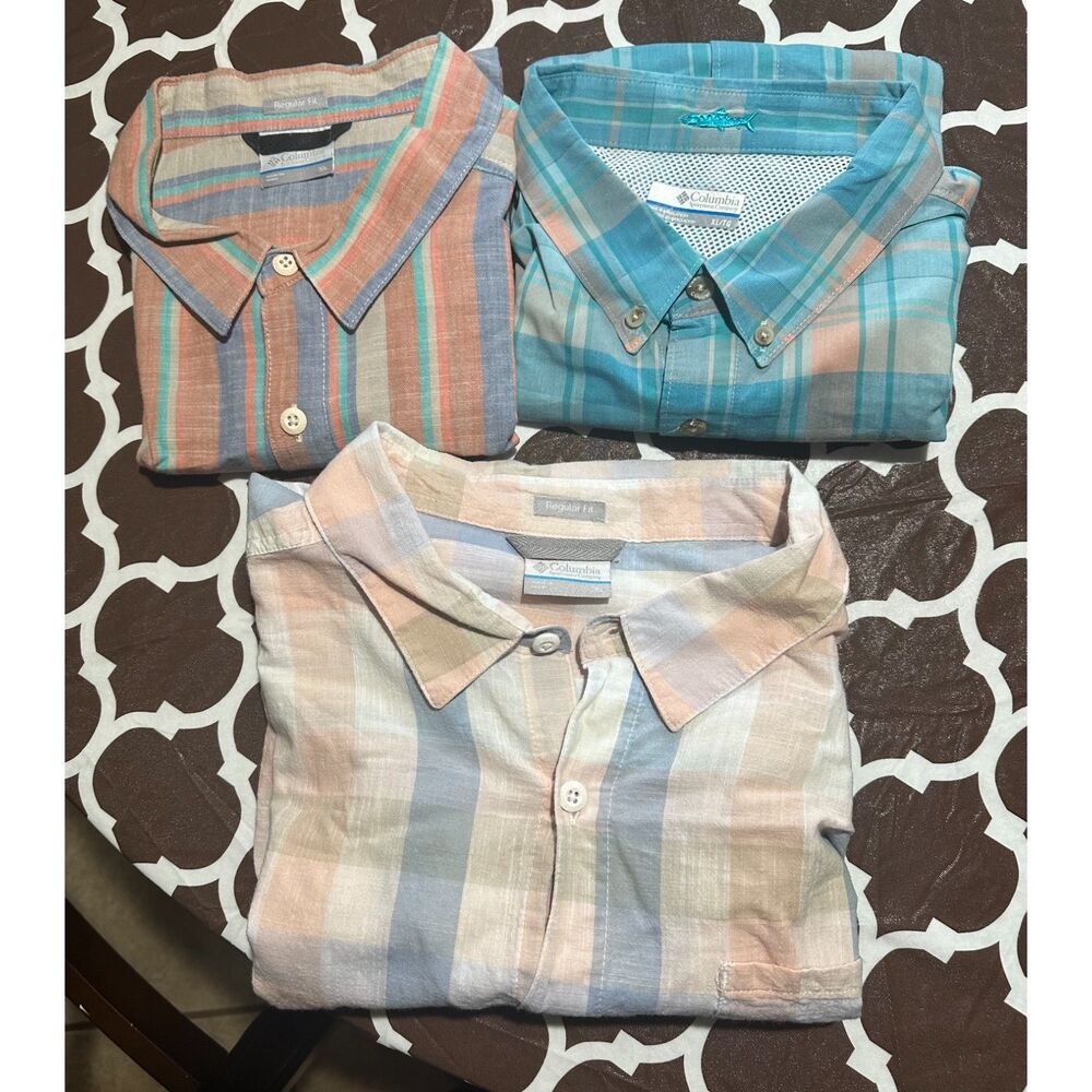 Columbia PFG Mens Plaid Striped Short Sleeve Fishing Shirt Bundle Lot Size XL